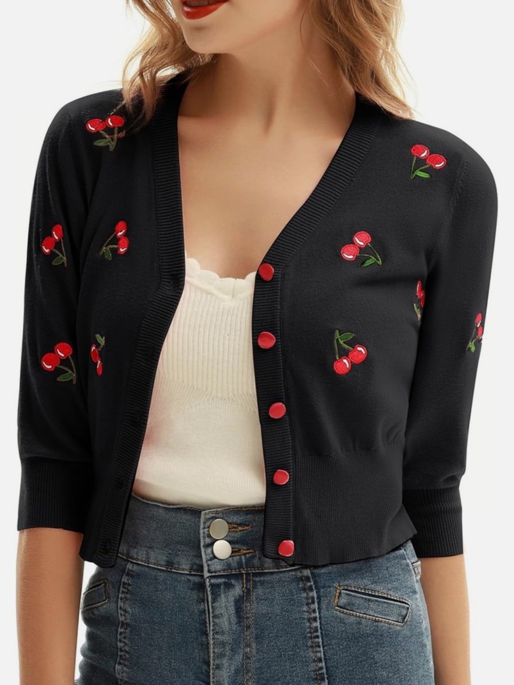 Belle Poque Cherries Embroidery Cropped Cardigan Sweater Sz 2XL Black Retro NWT